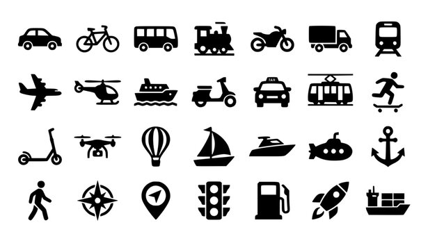 Transportation and navigation solid black icons set featuring car truck train airplane drone ship map pin and traffic light vector collection