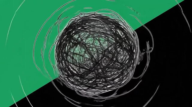 A chaotic sphere of tangled black lines set against a split green and black background