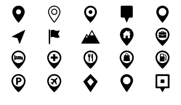 Vector illustration set of interface map pins location pointers tracking GPS markers and travel destination utility elements black silhouettes collection isolated on white background