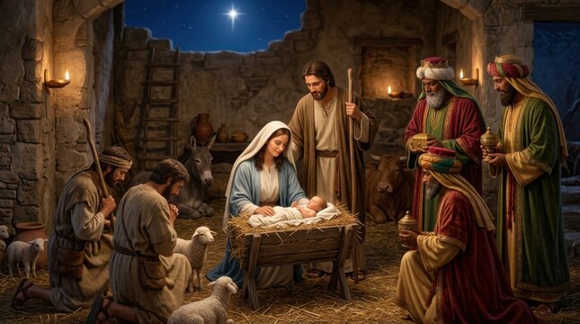 Traditional classical Christmas nativity scene figurines depicting the birth of Jesus in a stable box layout