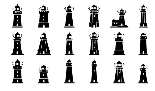Vector illustration set of historic lighthouse towers coastal maritime searchlight buildings and ocean marine navigation safety icons black silhouettes collection isolated on white background