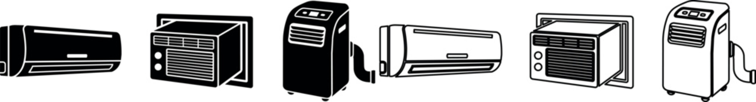 Air conditioner units with wall-mounted and portable designs in black and white icons