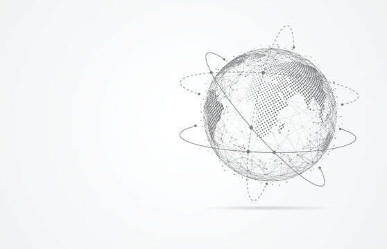 Abstract digital global network connection and information technology concept. 3D wireframe globe with dots map.