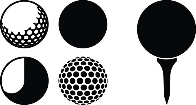 Golf ball and tee silhouette vector icon collection featuring various dimple patterns textured circles and solid shapes isolated on white background graphic elements