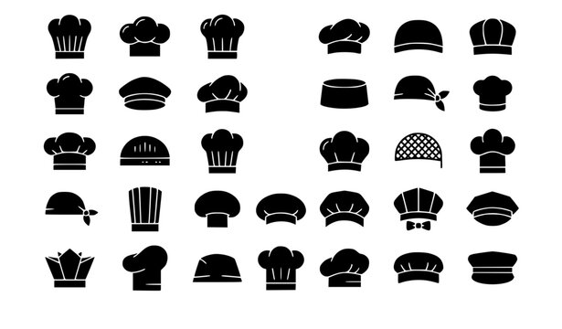 Vector illustration set of traditional chef hats baker caps restaurant headwear and culinary uniform accessories black silhouettes collection isolated on white background