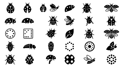 Vector illustration set of ladybug life cycle icons ladybird beetles larvae pupa insects and garden habitat black silhouettes isolated on white background © MdIbrahimIslam