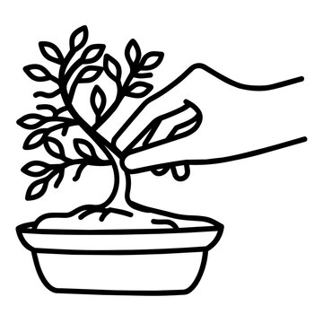 Sustain plant care routine concept hand repotting bonsai tree icon clipart delicate hand drawn black and white outline