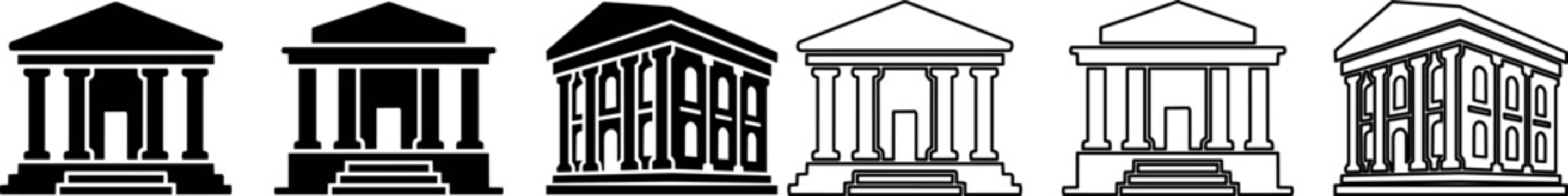 Set of classical bank and government building icons with columns and pediments