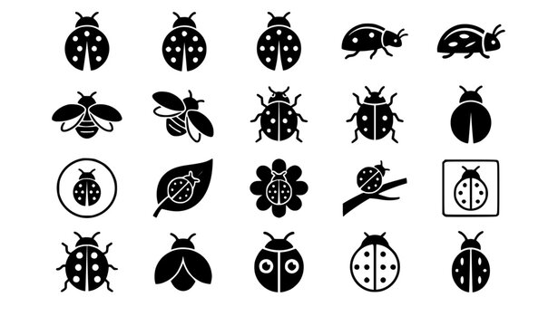Vector illustration set of ladybug garden icons cute ladybird beetles flying insects leaves and flowers black silhouettes collection isolated on white background