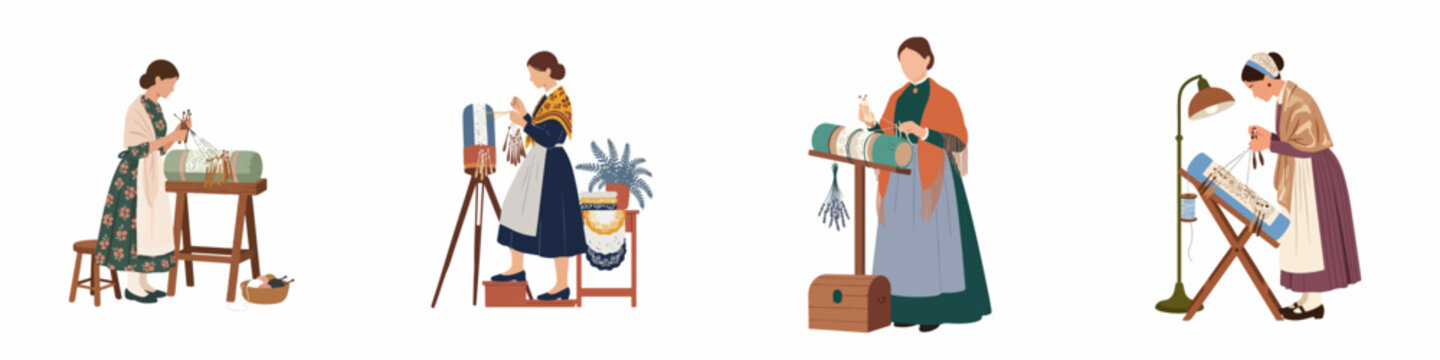 Women in traditional folk costumes practicing the art of bobbin lace making, featuring intricate pillows, bobbins, and vintage sewing tools in flat illustration.