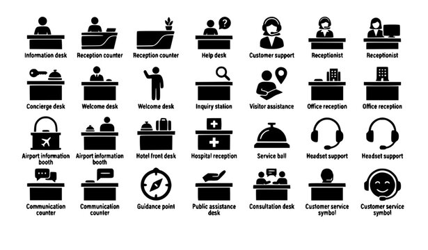 Vector illustration set of business reception desks customer support agents hotel check in counters and information help desks black silhouettes isolated on white background
