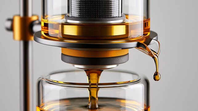 Close-up of a modern coffee siphon brewing rich, amber-colored coffee, showcasing the intricate process and elegant design