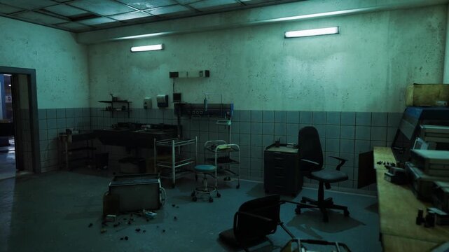 Underground maintenance basement with idle workstations and stacked printers, concrete walls and utility boxes, tangled cables and scattered tools, toppled
