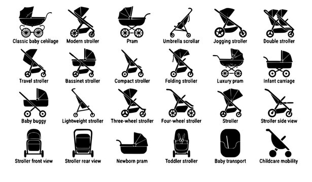 Vector illustration set of baby strollers prams pushchairs and infant carriages black silhouettes collection including modern transport icons isolated on white background