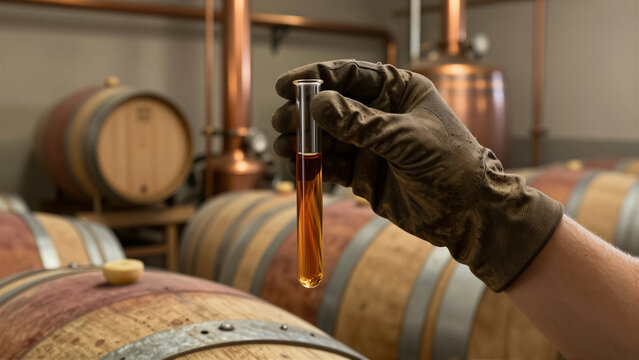 A gloved hand examines an amber liquid in a test tube, vital for quality control at a whiskey distillery. Traditional wooden barrels and copper stills frame the scene of diligent alcohol
