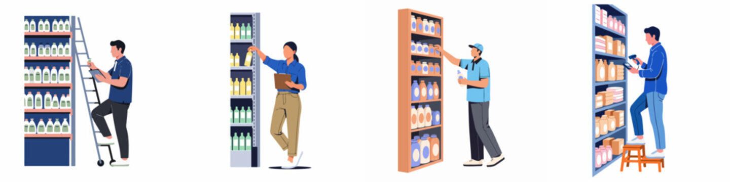 Set of flat illustrations showing retail workers performing inventory management, stock checking, and shelf replenishment in a warehouse or store.
