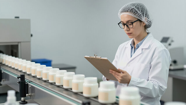 A female scientist conducts quality control on a pharmaceutical production line. She meticulously examines containers moving along a conveyor belt in a clean room, ensuring precision in m