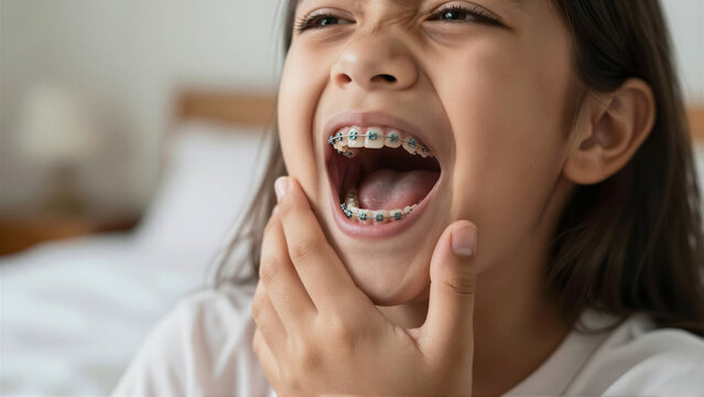 Close-up view of a young girl grimacing in pain while wearing dental brace. She holds her jaw in discomfort, highlighting tooth sensitivity and orthodontic treatment challenge at home