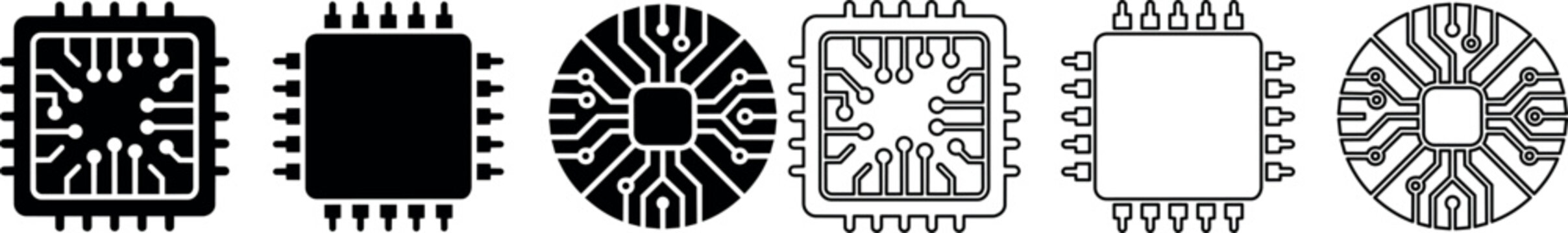 Computer chip microprocessor icons with circuit board patterns in square and circular designs
