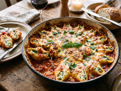 Freshly baked stuffed pasta shells with tomato sauce and melted cheese in a rustic serving dish homemade casserole delicious dinnerware appetizer nutrition vegetarian restaurant