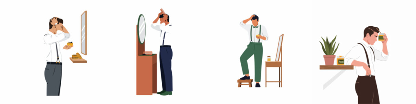 Collection of vector illustrations featuring men grooming and styling their hair with pomade and beeswax while wearing professional shirts and suspenders.