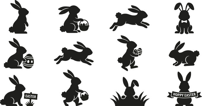 Easter bunny silhouettes, black rabbit icons, 12 Easter egg illustrations, vector graphics