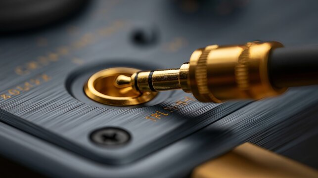 Close-up of a gold-plated 3.5mm audio jack connected to a mixing console, showcasing professional sound equipment and audio technology