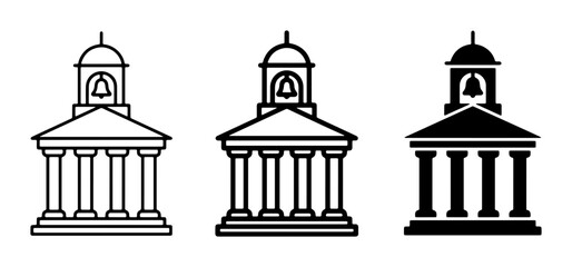 Obraz premium Classical Building Icons, Government Architecture Symbols, Civic Structures Vector Set, Courthouse and Town Hall Illustrations