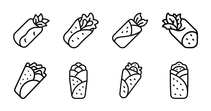 Burrito wrap and shawarma line icons set with classic kebab roll, fresh tortilla wrap, delicious gyro sandwich & more vector illustration with editable stroke.