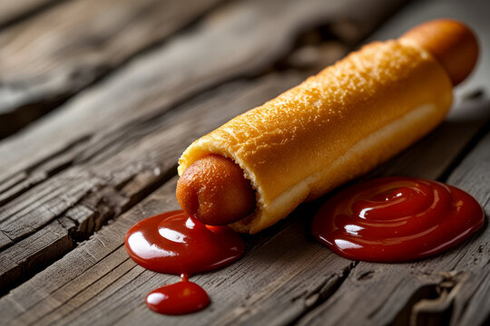 Corn dog sausage on stick, covered with thick layer of cornmeal dough and deep fried AI Generative