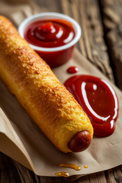 Corn dog sausage on stick, covered with thick layer of cornmeal dough and deep fried AI Generative
