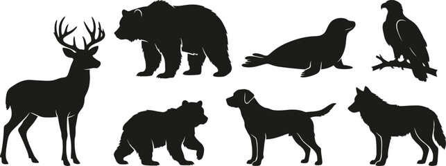 Wildlife Animal Silhouettes, Black Icons, Vector Set of 7 Animals, Nature Symbols © Rifat