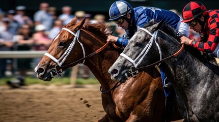 Obraz premium Professional horse racing sport close up brown and grey horses running fast with jockeys on track racetrack stadium audience commercial stock photo