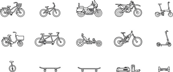 PrintMinimalist Eco Friendly Micro Mobility Transportation Icon Set with Bicycle Motorcycle Scooter Skateboard Hoverboard and Unicycle Line Art Vector Symbols for Navigation © Sharmin