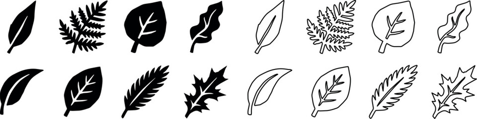 Fototapeta premium Set of various leaf shapes and types with solid and outline styles
