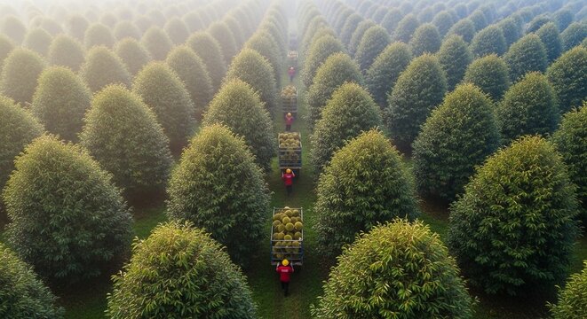 Durian harvesting with workers in a tropical orchard, showcasing abundant fruit collection during the season.