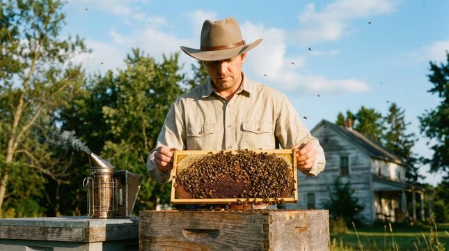 Celebrating honeybee day beekeeper inspects honeycomb frame with bees in rural outdoor setting