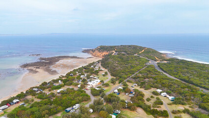Naklejka premium Aerial View of Barwon Heads Coastline and Caravan Park