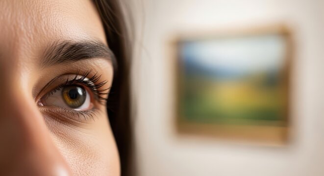 Close up of a person's brown eye gazing thoughtfully in a gallery setting