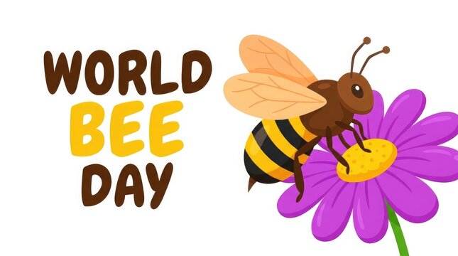 World bee day illustration with cartoon honeybee on purple flower