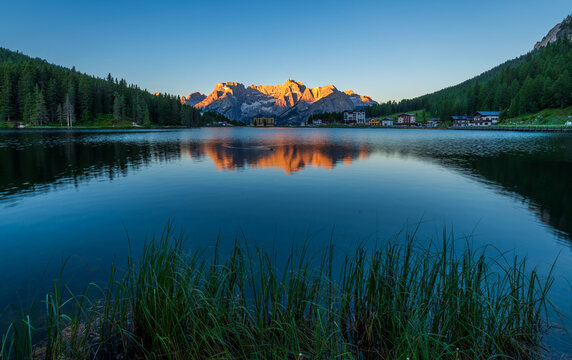 Lake Misurina at sunrise, Dolomite Mountains, Italy