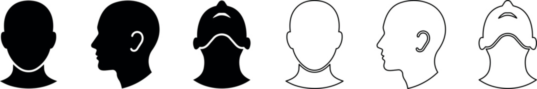 Human head and neck silhouette and outline icons showing front, side, and tilted angles