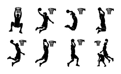 Basketball Dunk Silhouettes Collection: Dynamic Player Poses, Slam Dunk Action, Sports Graphics, Vector Art for Athletic Design © Nusrat