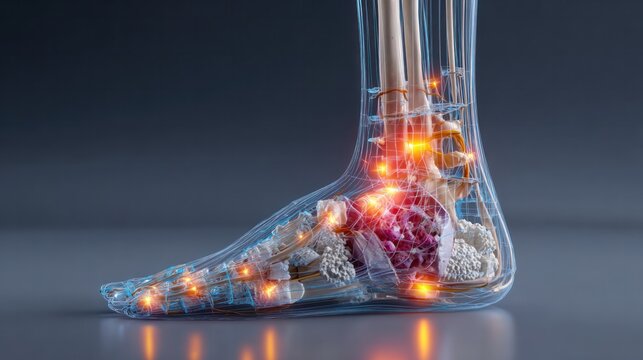 Ankle Pain and Inflammation: A 3D rendering of a human ankle joint displaying inflammation and pain points, highlighting the skeletal structure and cartilage.