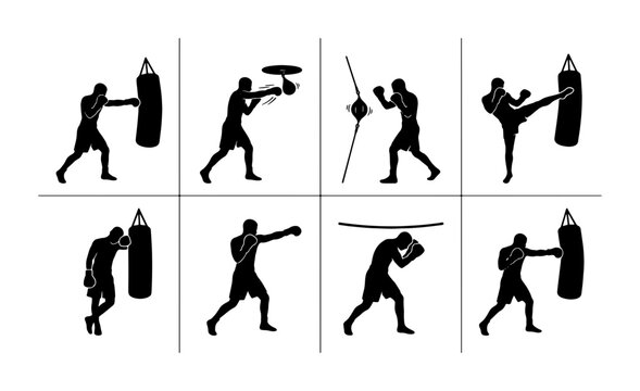 Boxing Silhouette Icons, Martial Arts Training Set, Combat Sports Action Poses, Punching Bag Drills, Fighter Silhouette Collection
