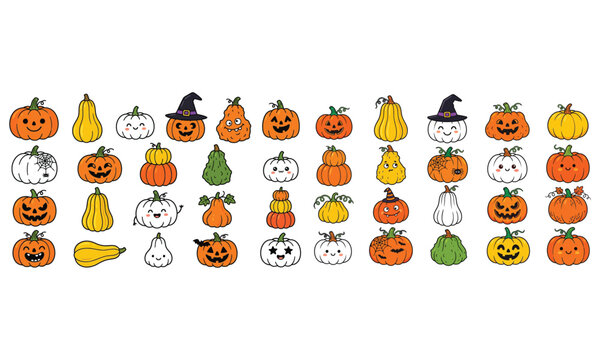 Pumpkin faces collection diverse halloween jack o' lanterns and autumn squash illustrations