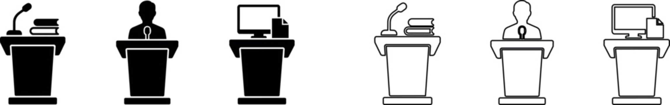 Podium with microphone and books, person speaking at podium, and podium with computer icon set in black and outline styles