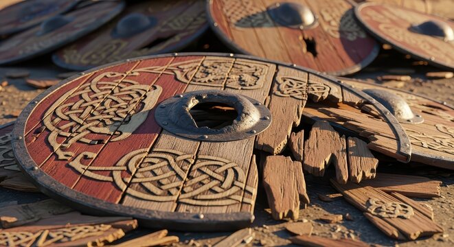 Close Up of Damaged Viking Shield with Ornate Knotwork Designs