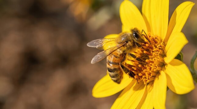 Honeybee collecting pollen on honeybee day busy bee on bright yellow flower
