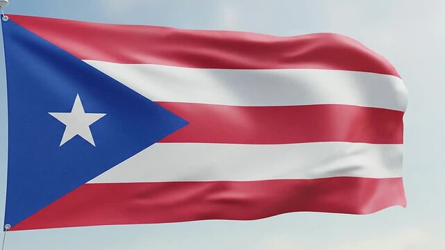 A vibrant national flag with red and white stripes waves gracefully against a clear bright sky